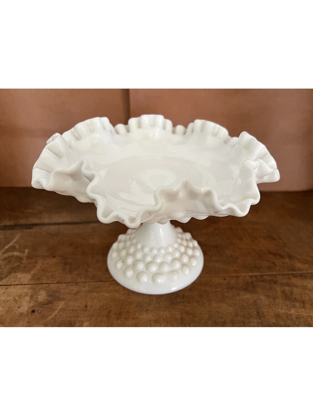 VINTAGE FENTON HOBNAIL MILK GLASS RUFFLED EDGE PEDESTAL CANDY DISH COMPOTE